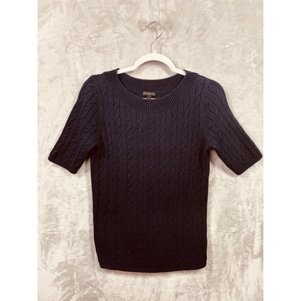 Talbots Petites Navy Blue Cable Knit Cotton Short Sleeve Sweater Top SP
